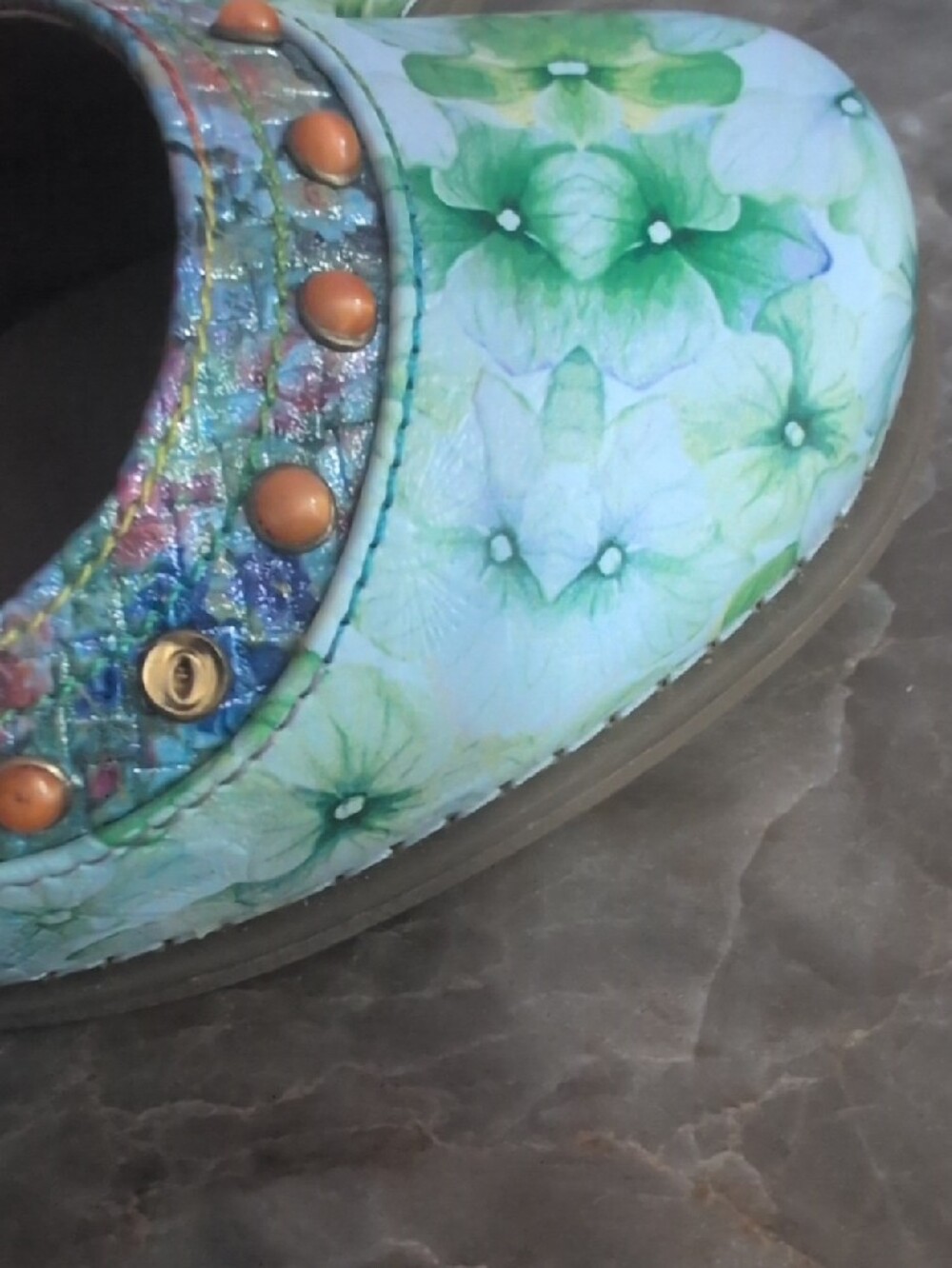 Floral Multi-Tone Mary Jane Heels with Decorative Buckle - Picture 4 of 7